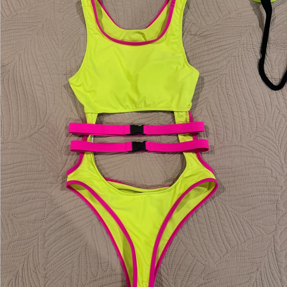 Neon Yellow & Hot Pink Kids One-Piece Swimsuit